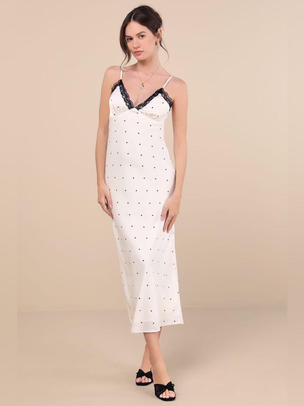 Lulus Majella Ivory Polka Dot Satin Lace Slip Midi Dress Size M